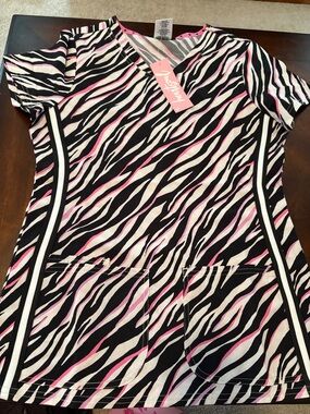 Heartsoul Zebra Print V-Neck Scrub Top with Pink Accents